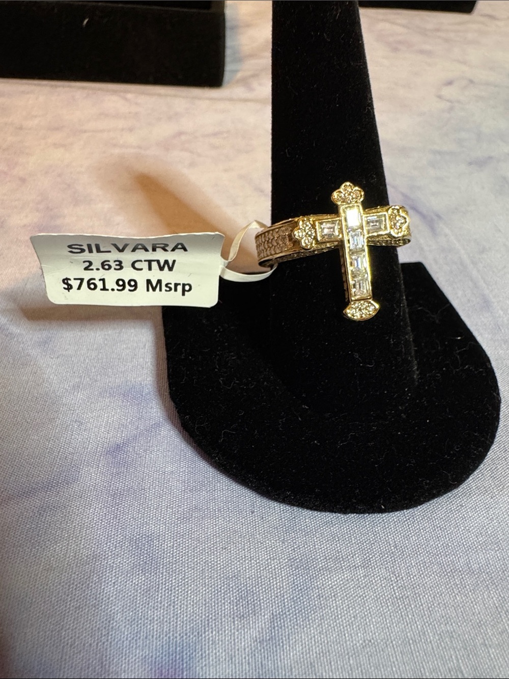 925 Silver & 2.63 CTW Moissanite Cross Ring in Gold Tone - Picture 2 of 6